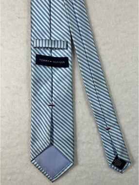 Tommy Hilfiger Blue and White Striped Silk Tie
